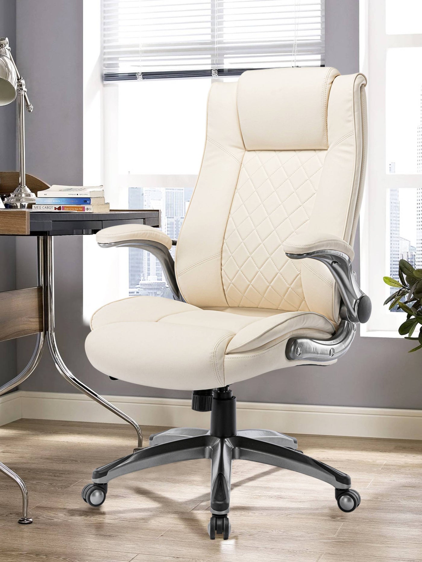 COLAMY Ergonomic Leather Office Chair with Flip Up Armrests DM2199 #color_beige