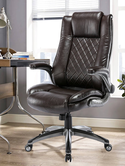 COLAMY Ergonomic Leather Office Chair with Flip Up Armrests DM2199 #color_brown