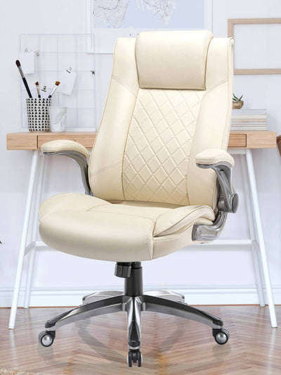 COLAMY Ergonomic High Back Leather Office Chair with Flip Up Armrests DM2199 #color_beige